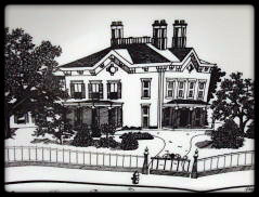 black and white sketch of davis kurtz mansion