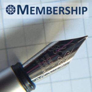 membership sign up logo showing a fountain pen nib and paper