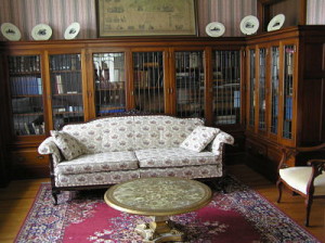 library with leaded glass bookcases