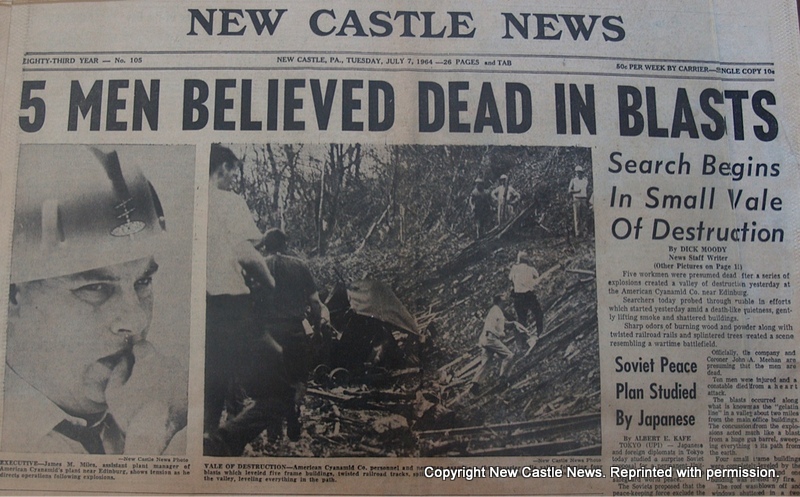 front page of new castle news dated tuesday july 7, 1964 with headline 5 men believed dead in blasts