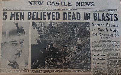 front page of new castle news dated tuesday july 7, 1964 with headline 5 men believed dead in blasts