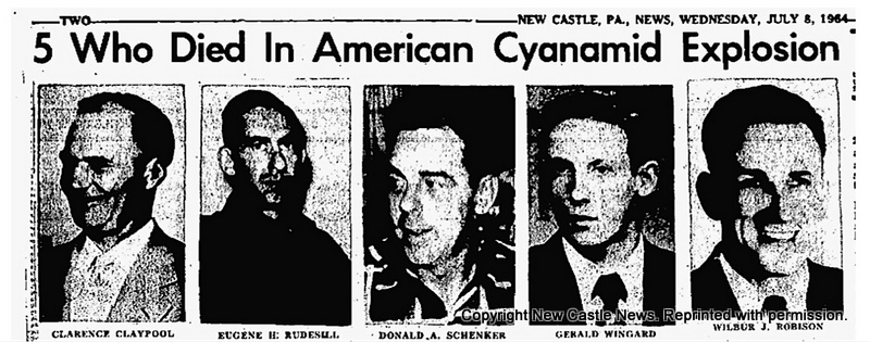 the 5 who died in the american cyanamid explosion from left to right were clarence claypool, eugene h rudesill, donald a schenker, gerald wingard, and wilbur j robison