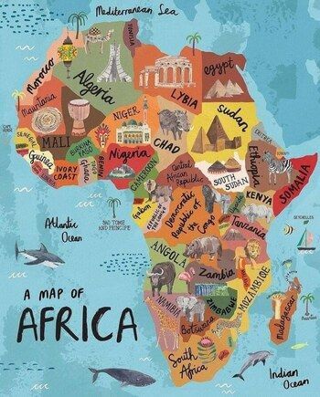 colorful map of the continent of africa with all the country names and iconic images from each country as well as the ocean surrounding the continent