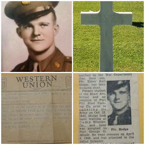 elmer earl hodge photo, cross, western union, and newspaper article photos