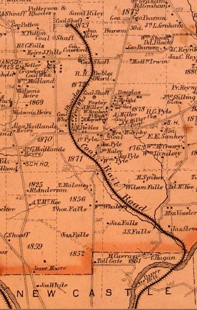 vintage map showing location of the coal rail road through coal town and ending just north of the paper mill lane